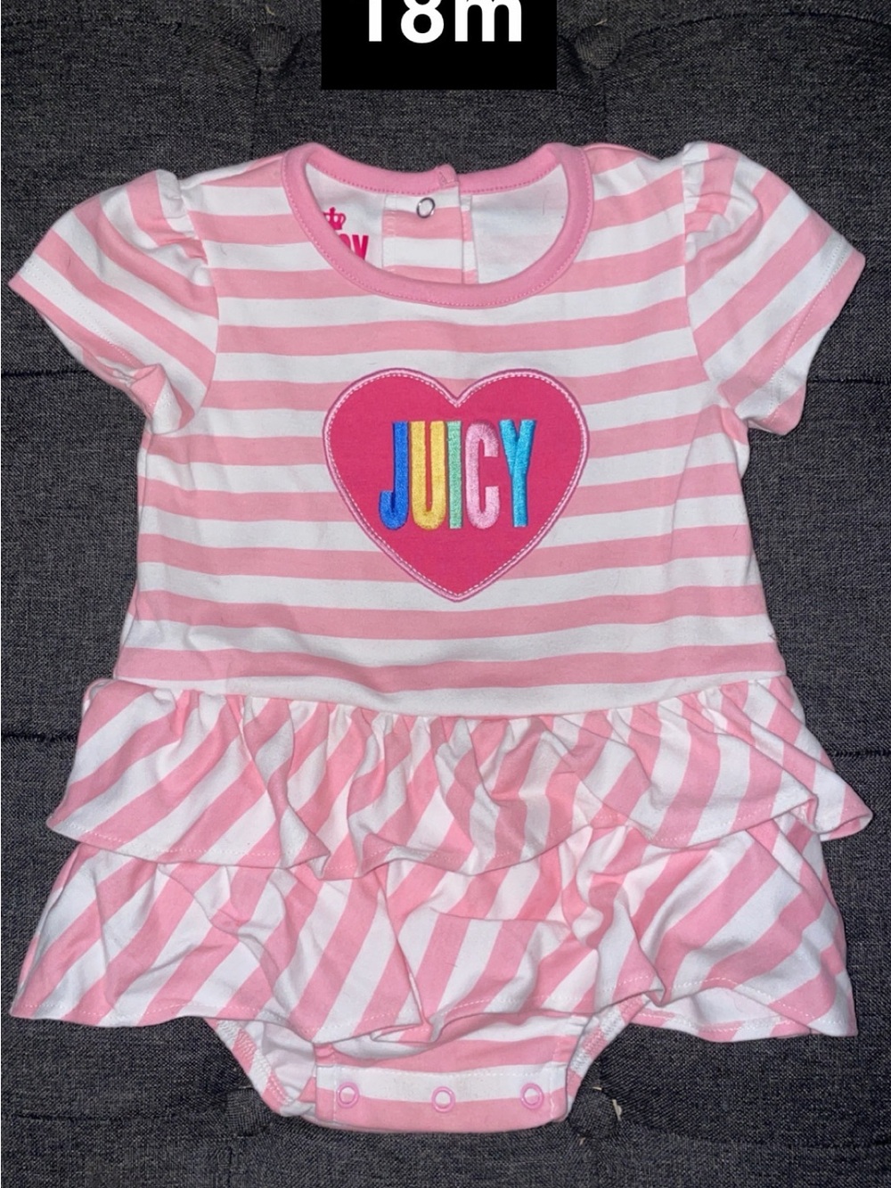 Juicy Couture Pink and White Striped Ruffle Baby Dress Bodysuit with Heart Logo